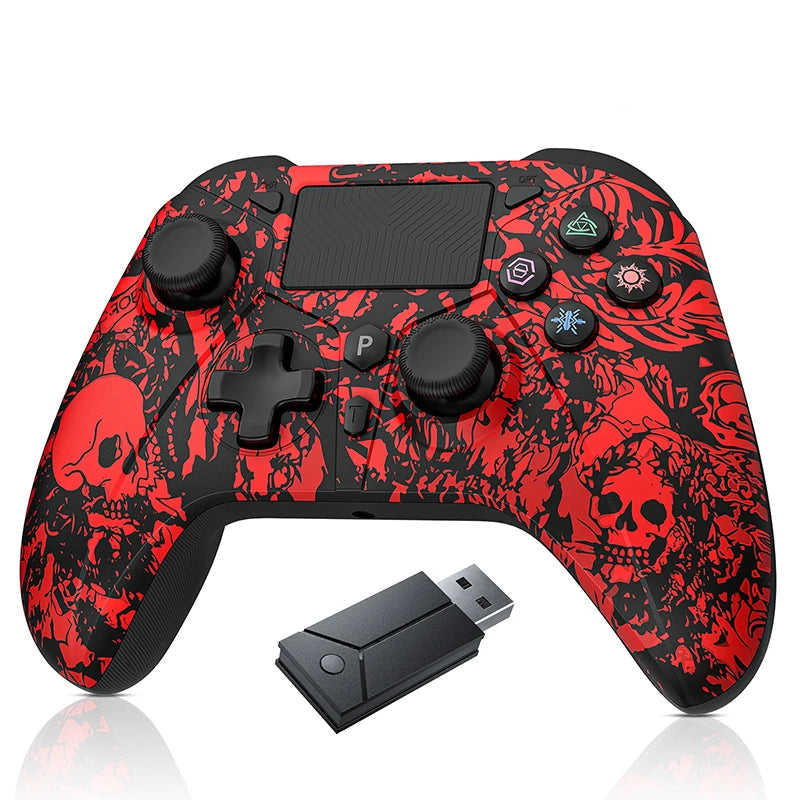 Red and black gaming controller with skull design and USB adapter on a white background