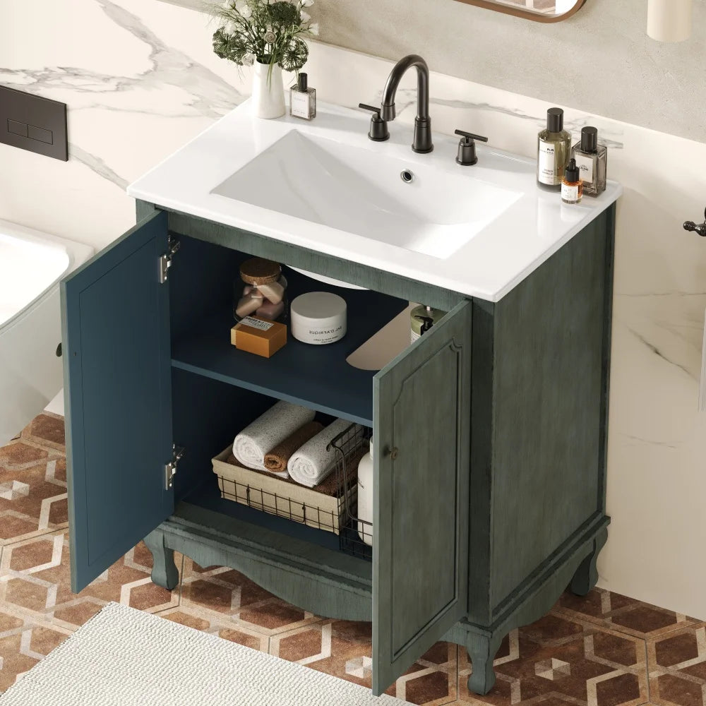 30" Vintage Bathroom Vanity with Rectangle Ceramic Sink,  Bathroom Vanity Cabinet with Antique Handles and 2 Doors, Bathroom
