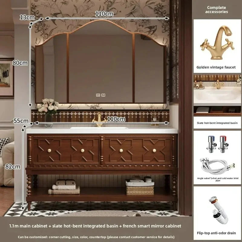 Customized Solid Wood Bathroom Vanity with Sintered Stone Sink, Toiletries Storage, and Smart Mirror Cabinet Package