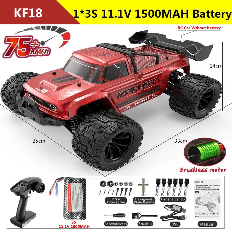 KF18 1:14 4WD RC Car Off-Road Racing High Speed Brushless Motor 2.4G Remote Control Cars Truck 75km/H Truck With LED Light Toy