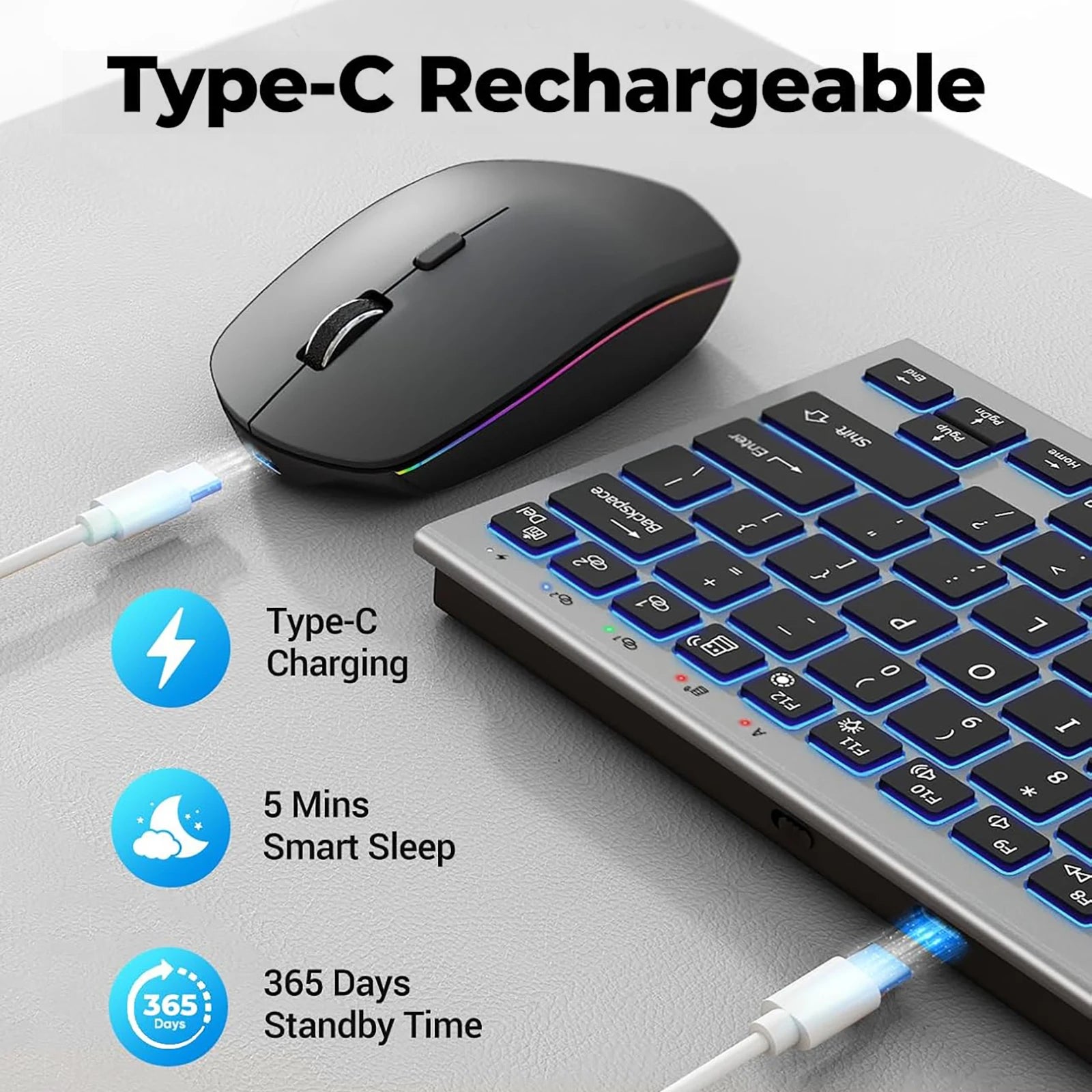 Kabellose Tastatur- und Mauskombination, Bluetooth, RGB-Hintergrundbeleuchtung, leise, schlank, kompakt, Schere, wiederaufladbar, 2,4 G, USB, für PC, Laptop, iPad, Mac