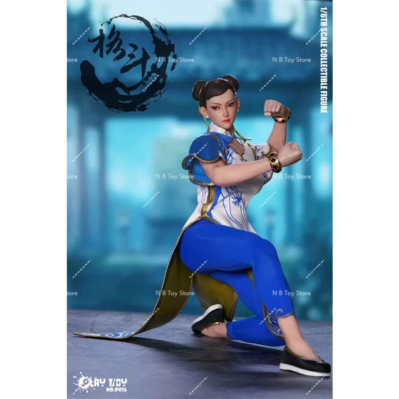 In Stock PLAY TOY P026 1/6 Chun-Li Movable Eyes Action Figure 12-inch Female Soldier Blue Cheongsam Figure Toy Collection Gift