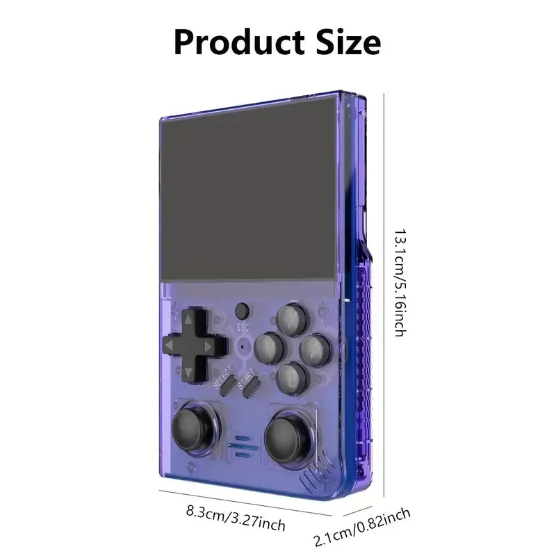 Retro handheld game console. 3.5-inch screen, portable pocket game console with headphone jack, USB charging.