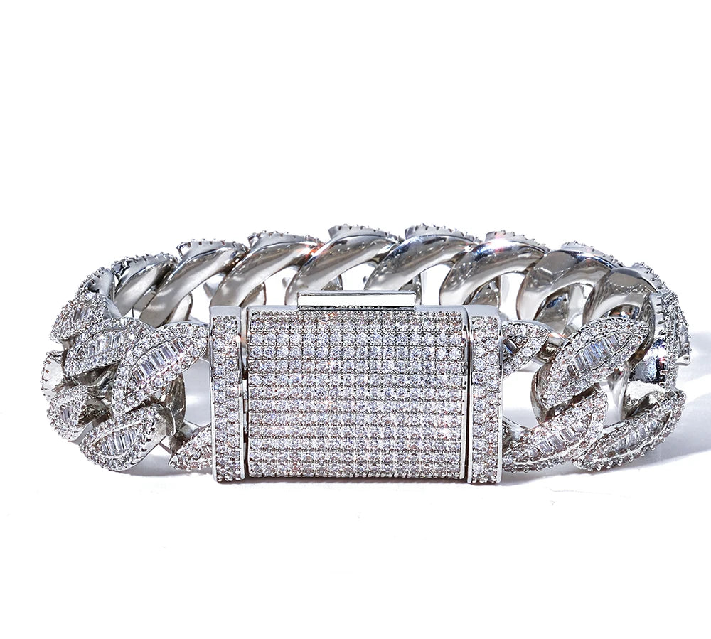 ESKEEM Luxus-Hip-Hop-Armband, 20 mm, kubanische Kette, komplett mit Iced Out, gemischtem Baguette, rundem Zirkonia-Inlay