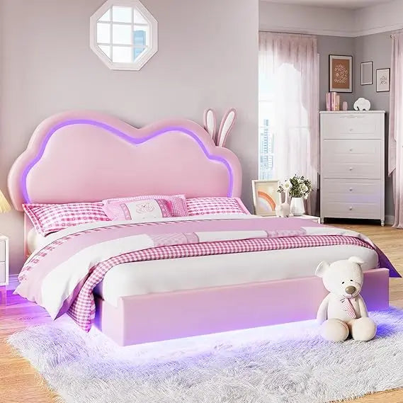 Pink Leather Upholstered Floating Bed Frame with Cute Cloud Headboard for Girls - No Box Spring Needed