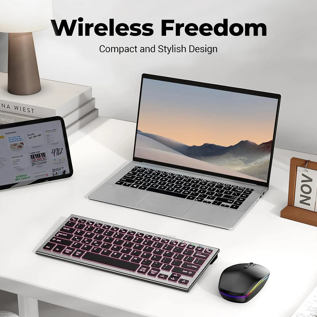 Kabellose Tastatur- und Mauskombination, Bluetooth, RGB-Hintergrundbeleuchtung, leise, schlank, kompakt, Schere, wiederaufladbar, 2,4 G, USB, für PC, Laptop, iPad, Mac