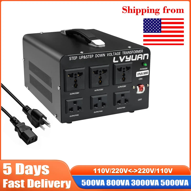 LVYUAN Spannungswandler-Transformator, 500 VA – 5000 VA, Hochleistungs-Aufwärts-/Abwärtstransformator mit US- und EU-Steckdose, 5 V, USB-Anschluss, CE-zertifiziert