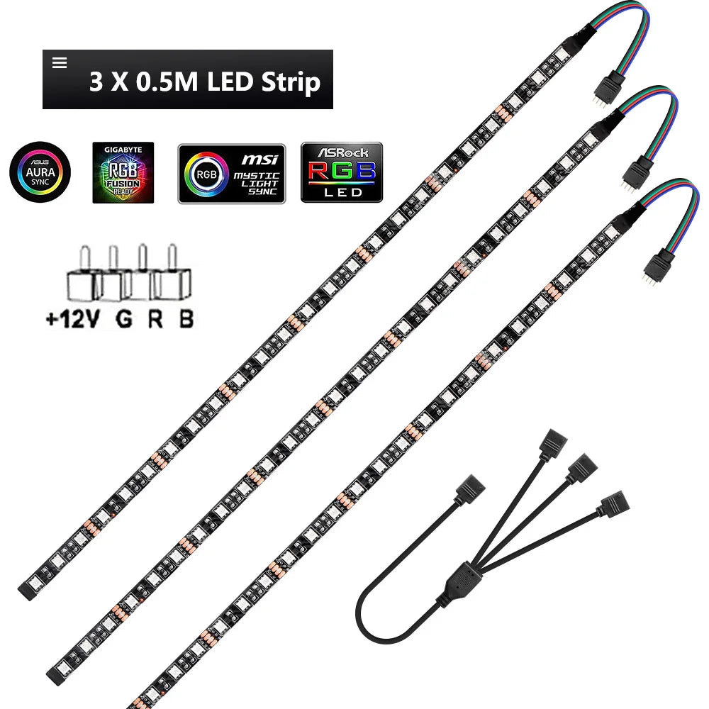 12V 4 Pin RGB Led Strip Light PC Gamer Led Tape Splitter Cable 5050 RGB Strip For Aura Sync MSI Mystic Light Motherboard Control