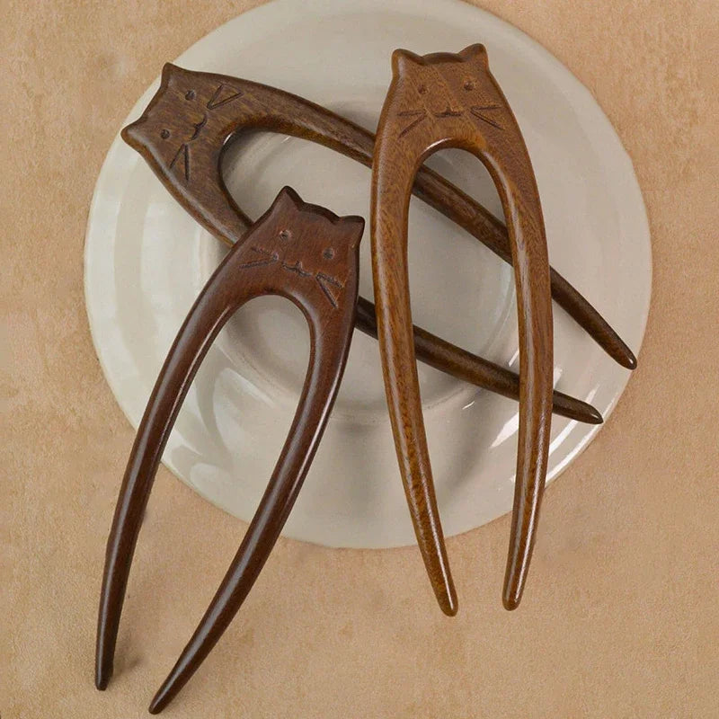 Chinese Cat Pattern Hair Sticks Wooden U Shaped Hair Forks for Women Girls Hanfu Hairpin Headwear Headpieces Hair Accessories