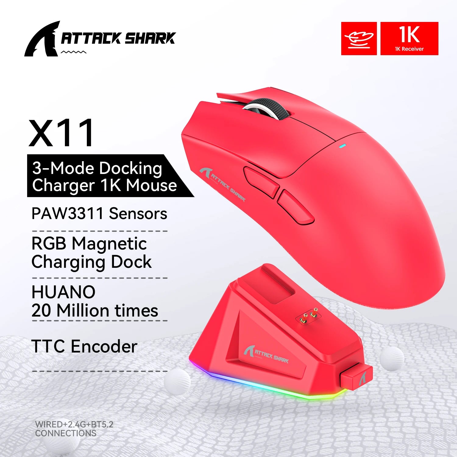 Attack Shark R1 X11 Wireless Gaming Mouse, 18K DPI PAW3311, Tri-Mode Bluetooth/2.4GHz/Wired, Lightweight, Macro Gaming Mouse