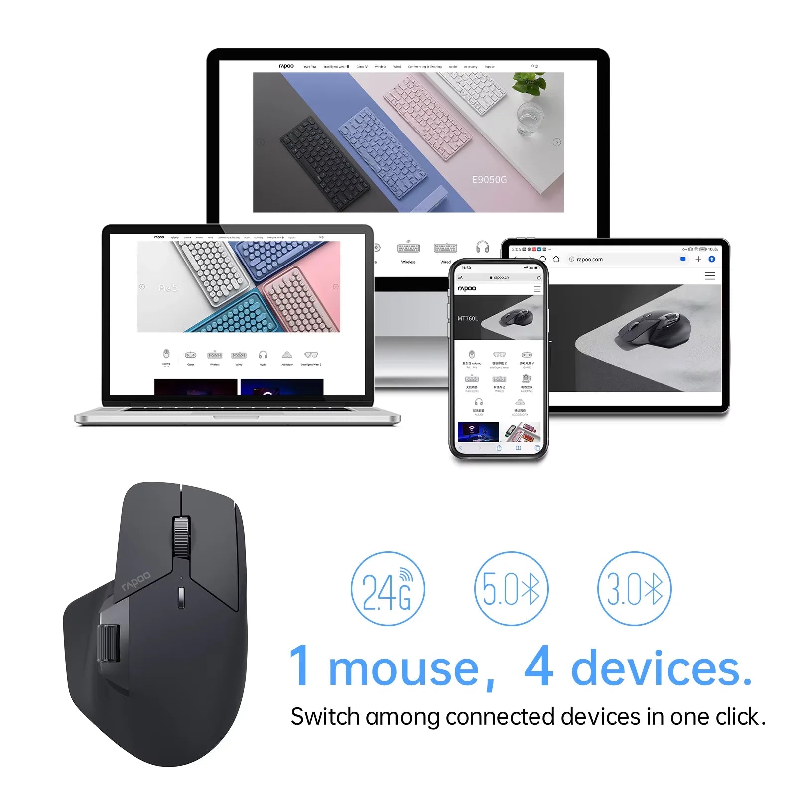 2025 New Rapoo MT760/MT760Mini Multi-mode Rechargeable Wireless Mouse Ergonomic 4000 DPI Support Up to 4 Devices Bluetooth Mouse