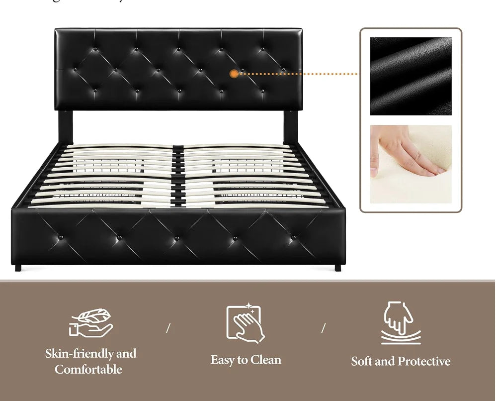 Gepolsterter Bettrahmen in Queen-Size-Größe mit 4 Schubladen und verstellbarem Kopfteil, Plattformbett aus Kunstleder mit Matratzenfundament St