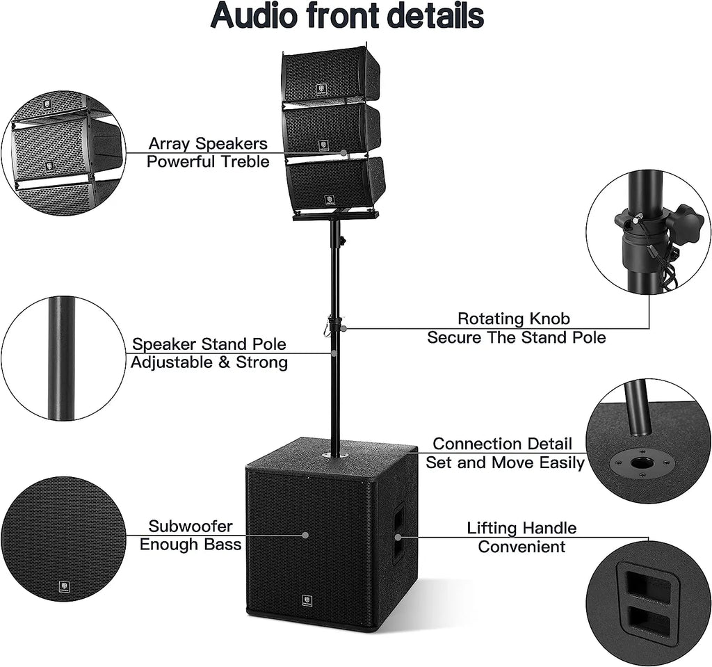 PRORECK 18-Zoll-8000-W-PMPO-Stereo-Bluetooth/DJ/Powered PA-Lautsprechersystem-Kombiset mit zwei Subwoofern und 6 Line-Array-Lautsprechern