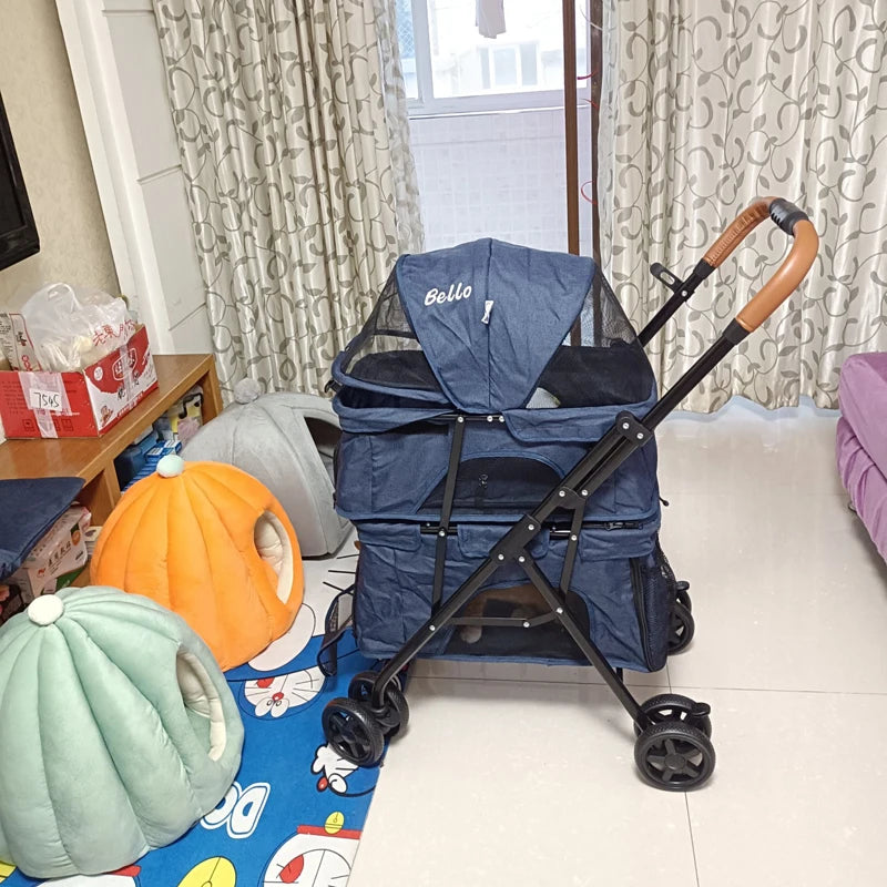 Modern Folding Lightweight Double-layer Pet Trolley Dog Puppy Pet Can Be Detached and Separated for Outdoor Travel Pet Strollers