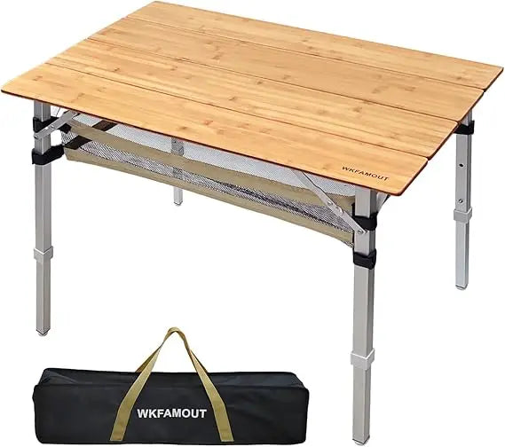 Bamboo Folding Camping Table 4 Folds with Adjustable Aluminum Legs Portable Picnic Table with Storage and Carry Bag for Outdoor