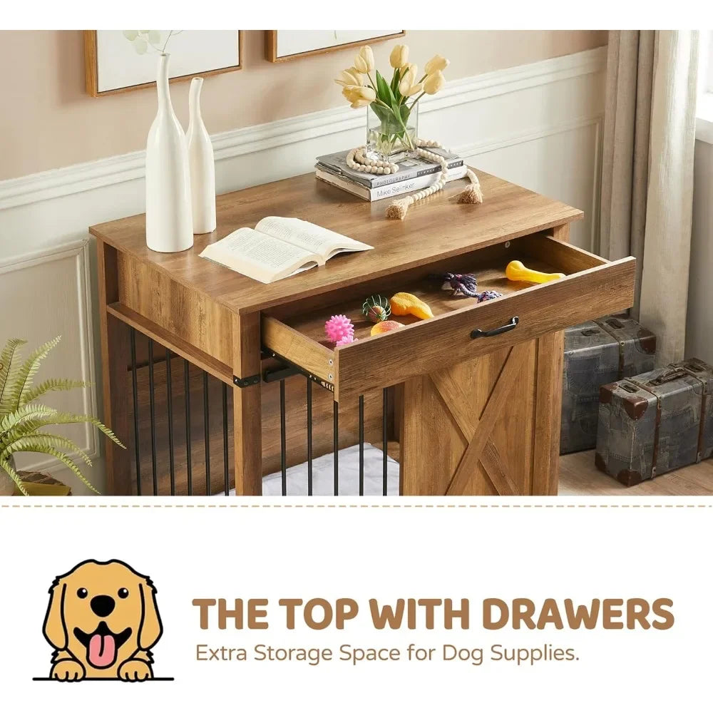 Furniture Style Dog Crates with Drawer, Farmhouse Wooden Dog Kennel Furniture with Sliding Barn Door & Water Resistant for