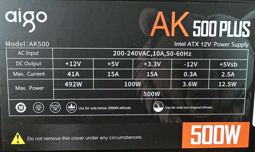 Aigo AK 500W PC-Netzteil, schwarzes Gaming-Netzteil, leiser 120-mm-RGB-Lüfter, 24-polig, 12 V, ATX, Desktop-Computer-Netzteil für BTC