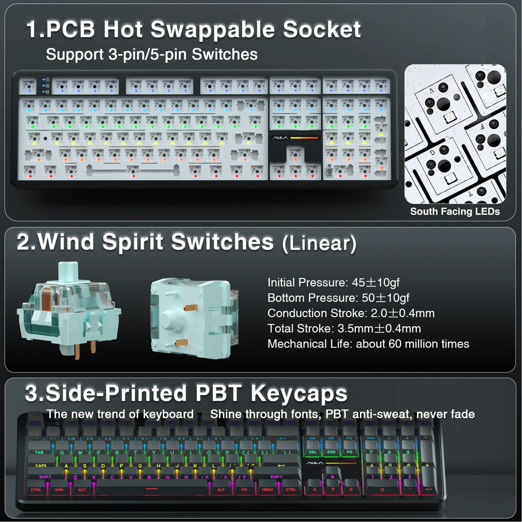 AULA F108-Tastatur, 100 % Layout, 1K-Abfragerate, mechanische Gaming-Tastatur, Hot-Swap-fähiger linearer Schalter mit Makro-Software