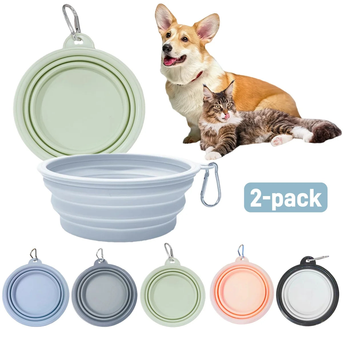 2er-Pack faltbare Silikon-Futter- und Wassernäpfe für Hunde, ideal für Outdoor-Camping und Reisen, mit Karabinerhaken
