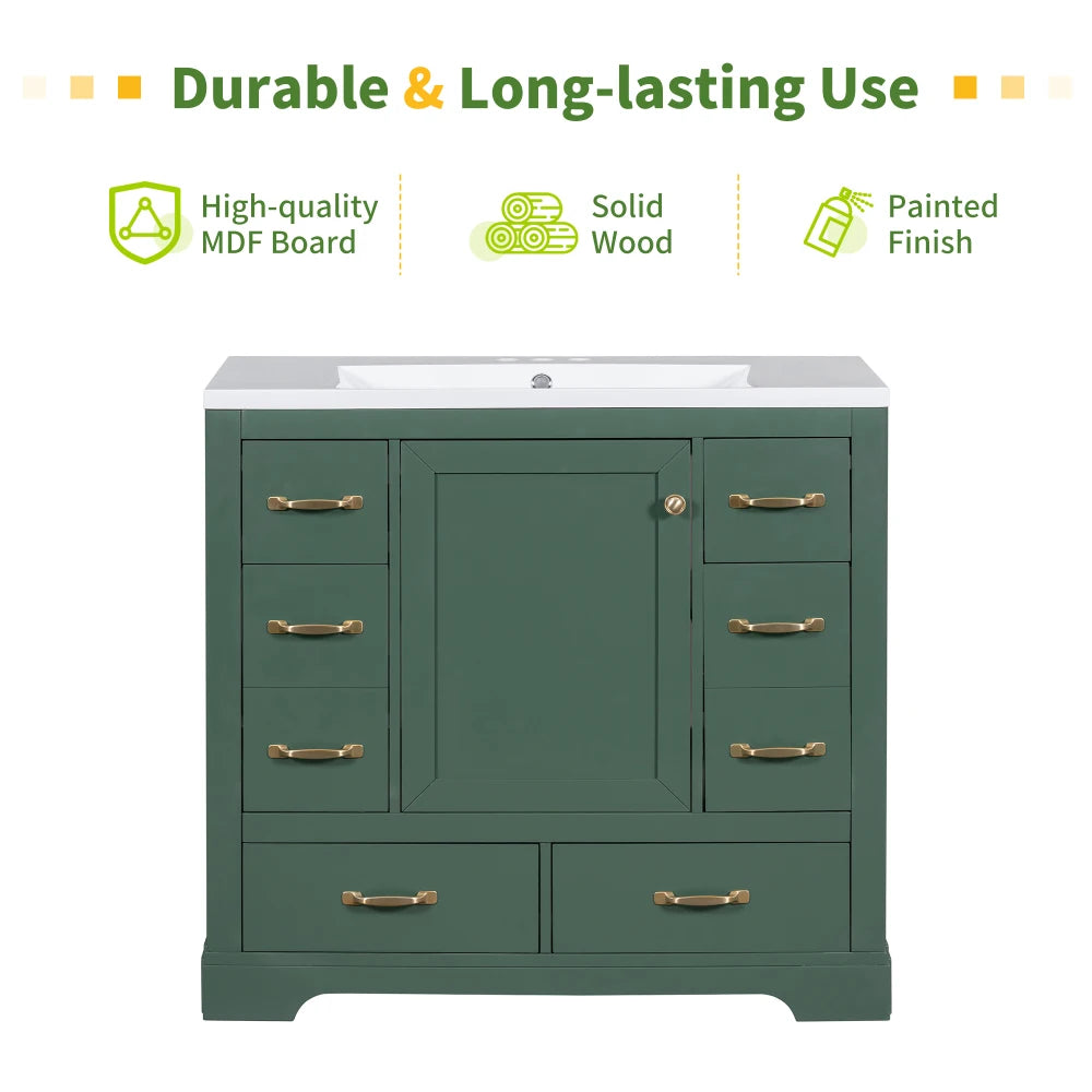 36" Bathroom Vanity with Sink Combo, Six Drawers, Multi-Functional Drawer Divider, Adjustable Shelf, Green