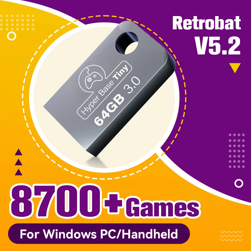 Retrobat Gaming USB Stick With 8300 Retro Games for PSP/NDS/DC/SNES/GBA 64GB Game USB Flash Drive For PC/ROG ALLY For Windows