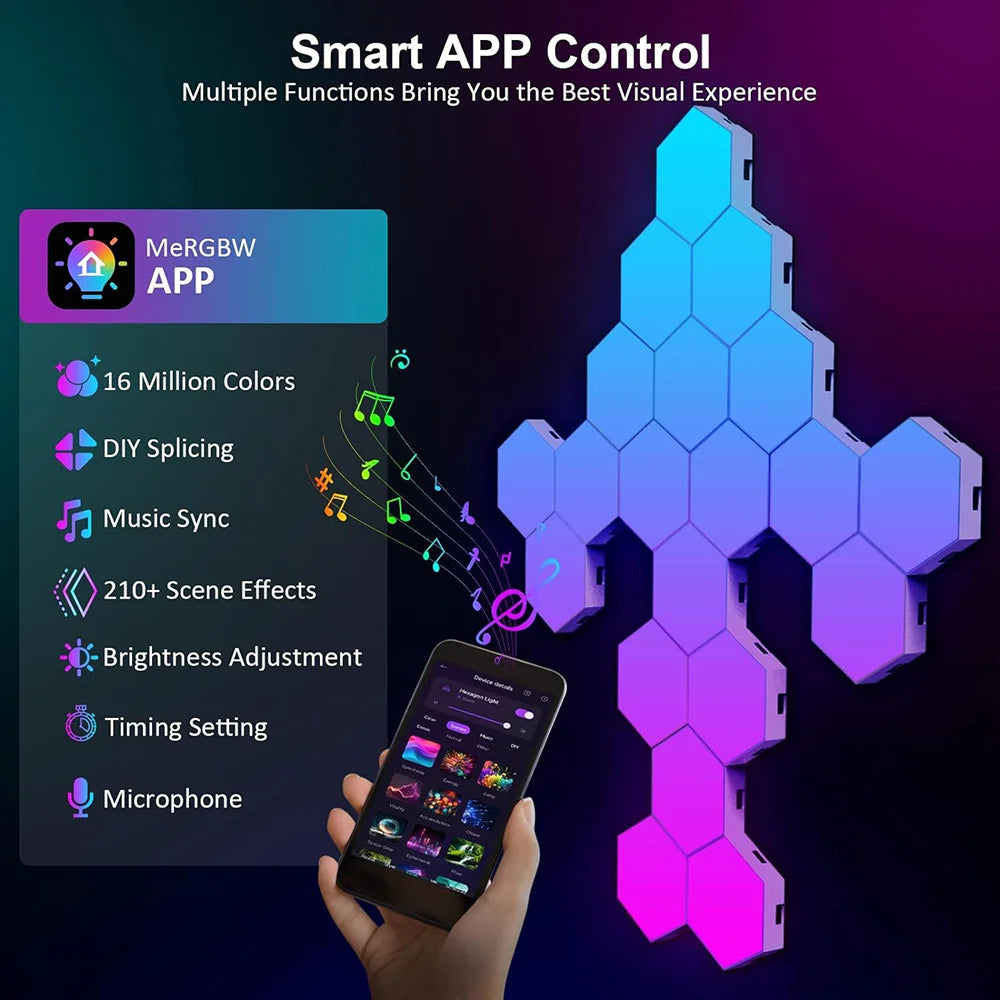 Smart Hexagonal Wall Lamp Color Change Ambient Night Light DIY Shape Music Sync MeRGBW APP Gaming RGB Hexagon LED Lights Bedroom