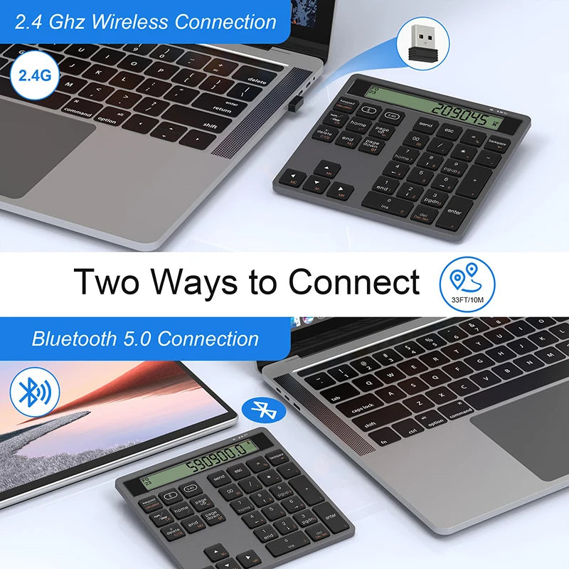 2.4G Wireless Bluetooth Numeric Keyboard with Screen Display Calculator 2 in1 Portable Wireless Number Keypad for Win/Mac