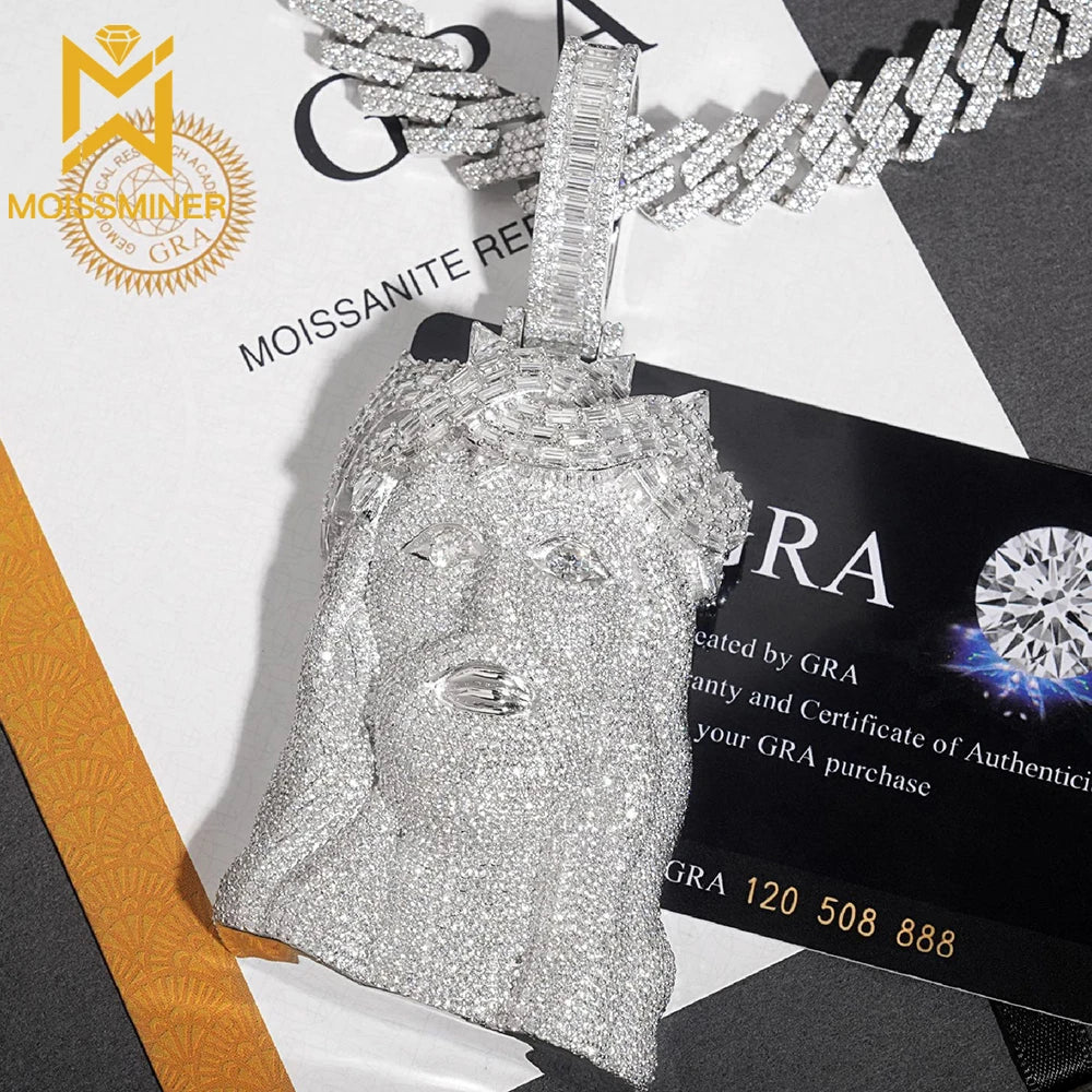 Висулка Moissminer Baguettes с глава на Исус VVS Moissanite S925 Сребърни колиета Iced Out за мъже и жени Хип-хоп бижута Pass Tester GRA