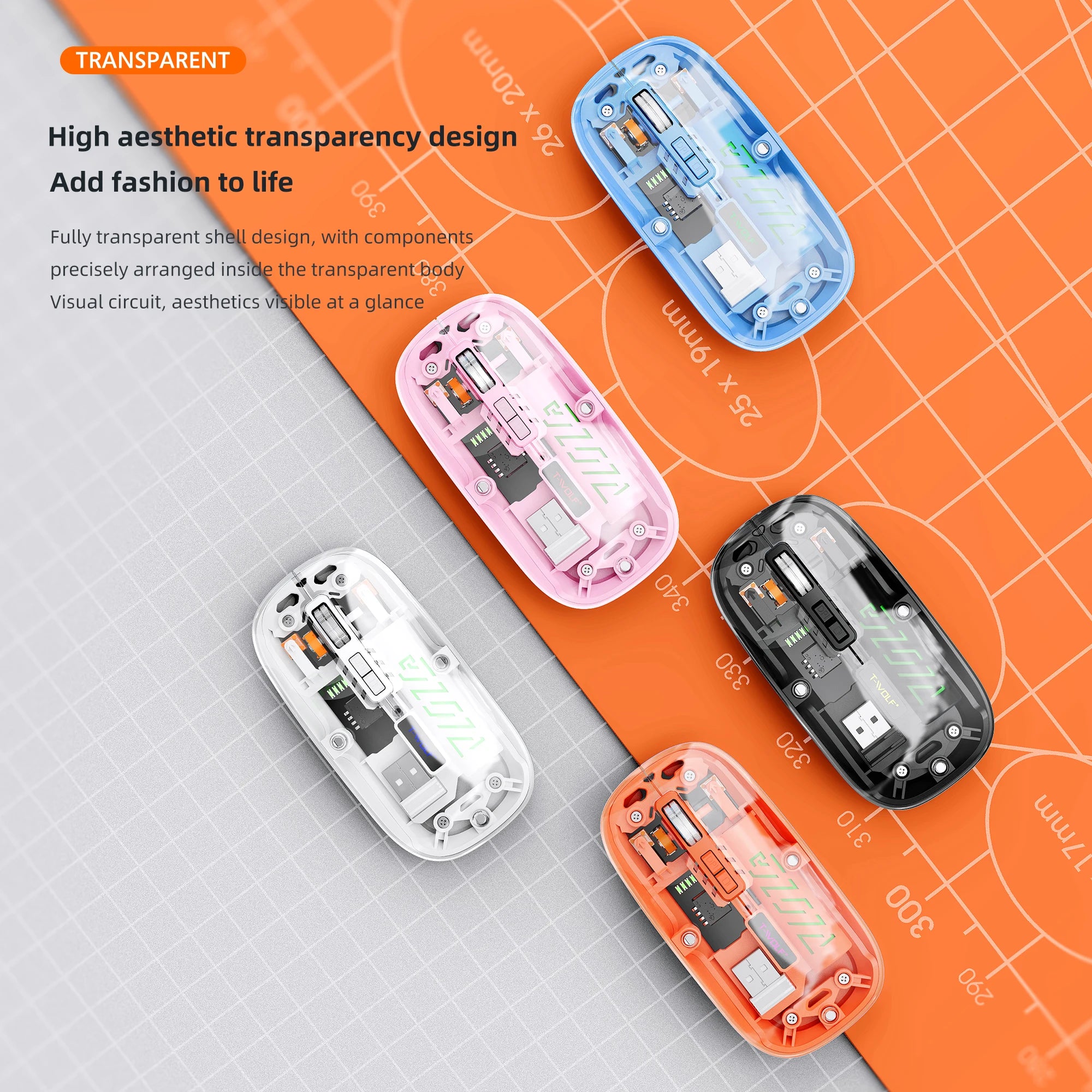 Transparent Wireless Mouse Dual Mode Bluetooth-compatible Rechargeable Mouse Noiseless Cordless Computer Mice Perspective Design