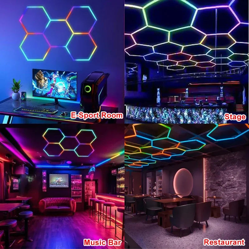 Hexagon Garage Lights RGB Garage LED Ligh APP Remote Control Multi Color Modes for Gaming Room Bar Club Gym Ceiling Lighting