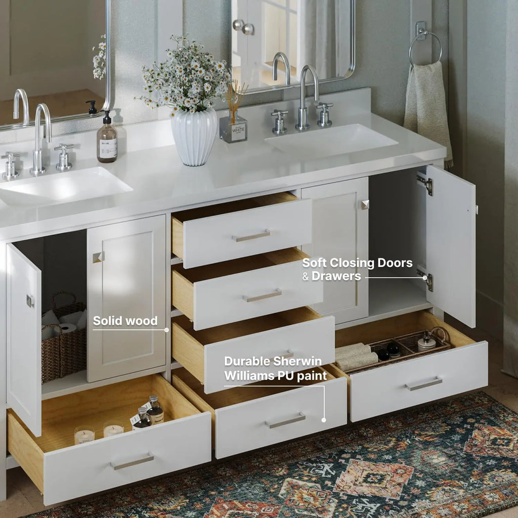 Cambridge White Double Sink Bathroom Vanity 73" with 1.5" Edge Pure White Quartz Countertop & Splash, Rectangle Sink