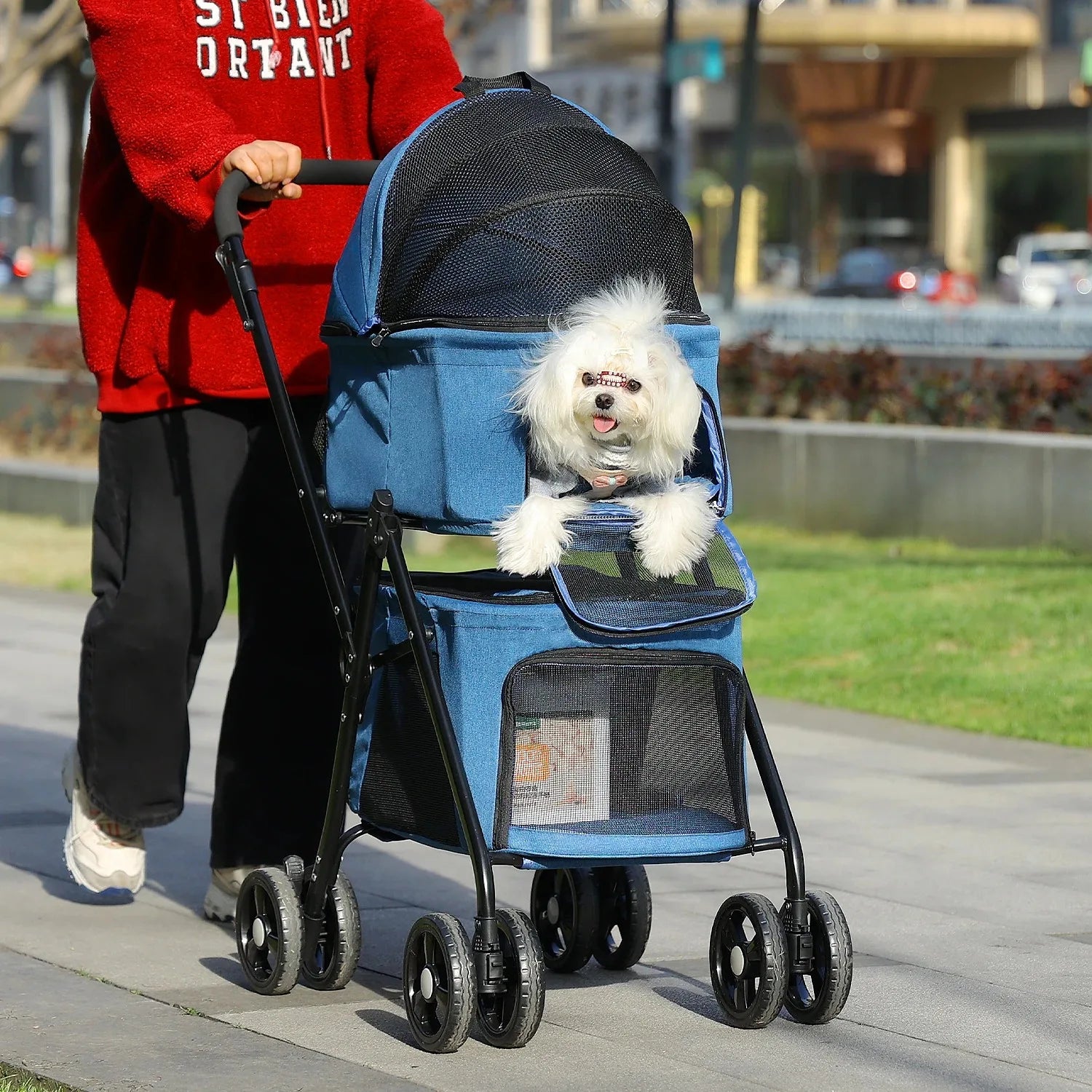 Double Pet Cart for Small Dogs or Cats Lightweight foldable double stroller for dogs with removable harnesses