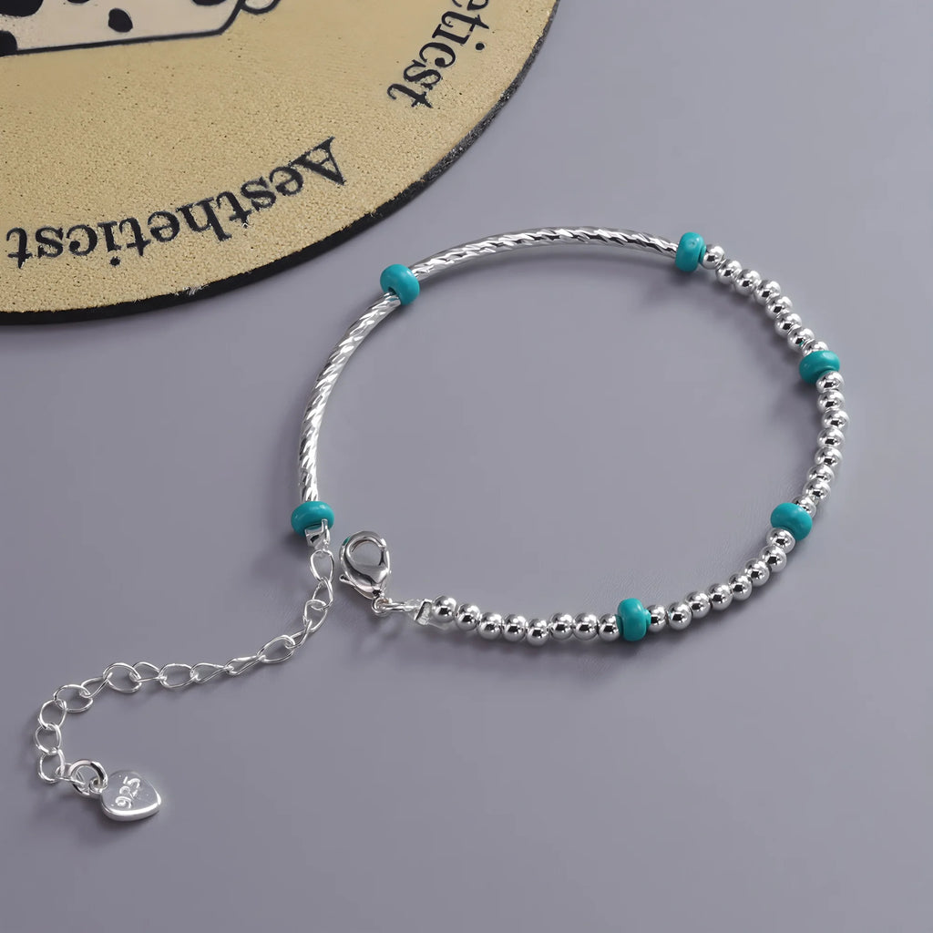 VENTFILLE 925 Sterling Silver Natural Turquoise Square Bead Bracelet For Women Gift Crushed Silver Jewelry Dropshipping