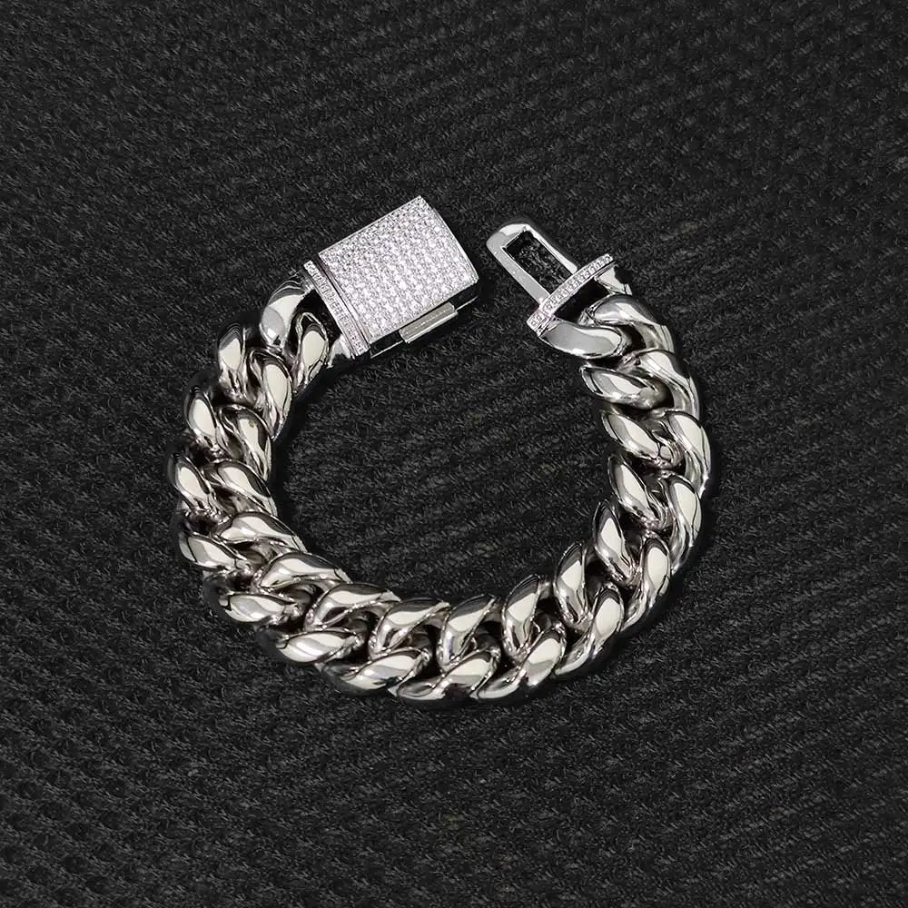 18MM Stainless Steel Cuban Chain With Bling Copper Cubic Zirconia Clasp  18k Gold Plated Hip Hop Cuban Bracelet Jewelry For Men