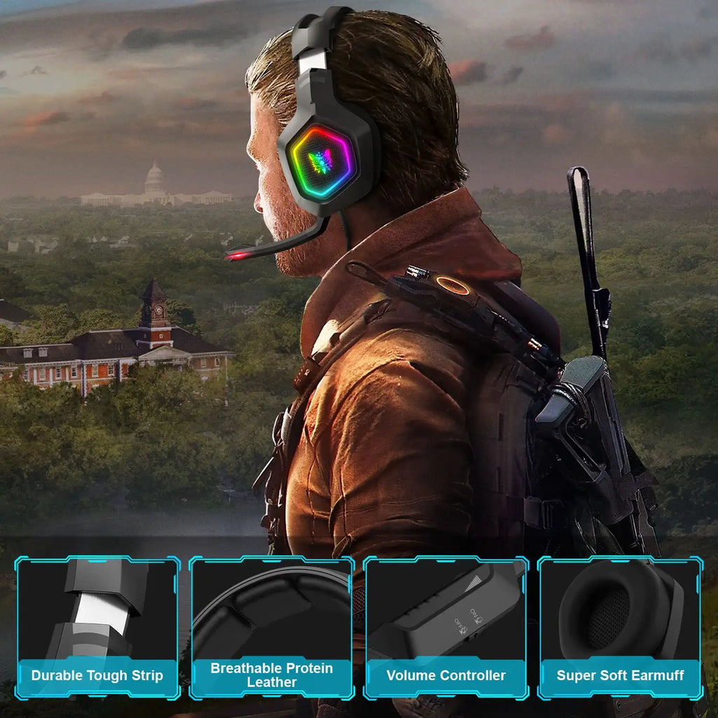 ONIKUMA K10 Gaming-Headset, Stereo-Bass-Surround-RGB-Geräuschunterdrückung, Over-Ear-Bluetooth-Kopfhörer mit Mikrofon