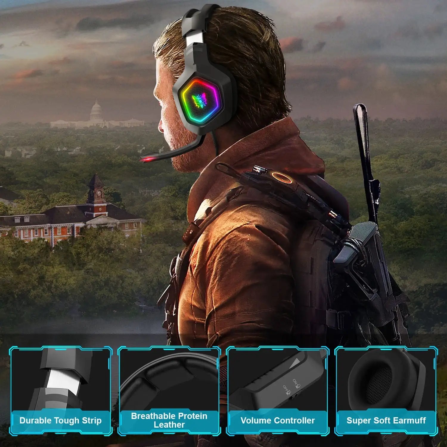 ONIKUMA K10 Gaming-Headset, Stereo-Bass-Surround-RGB-Geräuschunterdrückung, Over-Ear-Bluetooth-Kopfhörer mit Mikrofon