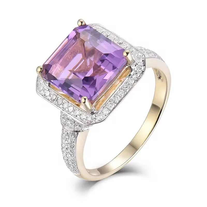 LOVERJEWELRY Klassische Damenringe aus massivem 6,22 Karat Gelbgold, Diamant, lila Amethyst, für Verlobung, Ehering, Schmuck, Geschenk