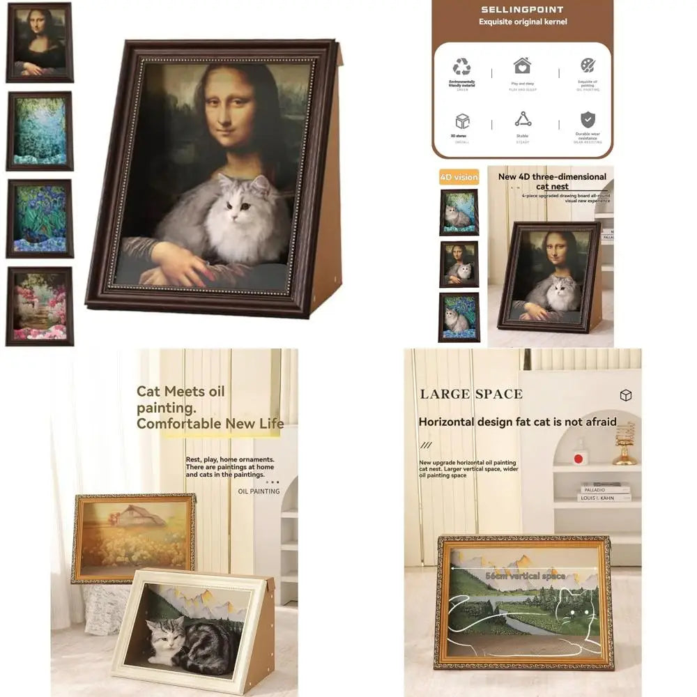 "luxurious mona lisa-inspired cat furniture with scratching post and 3d art panel"