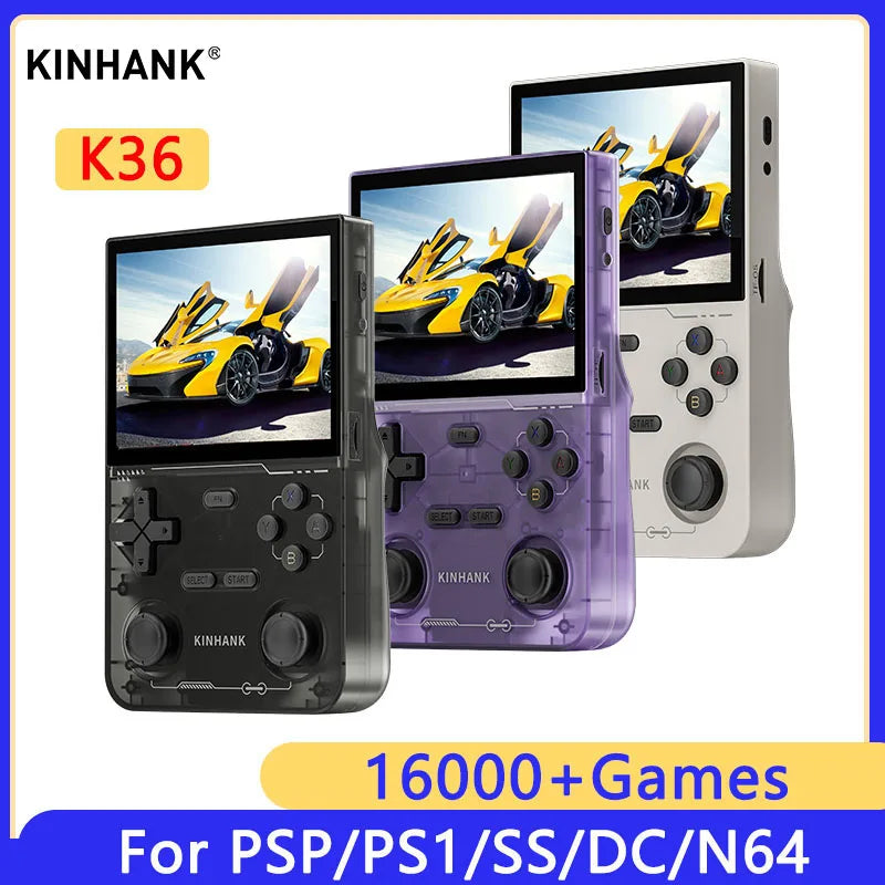 KINHANK K36 Retro-Handheld-Videospielkonsole, 500nit, 3,5-Zoll-IPS-Bildschirm, 16000 Spiele-Emulator für PS1/PSP/DC/N64/SS