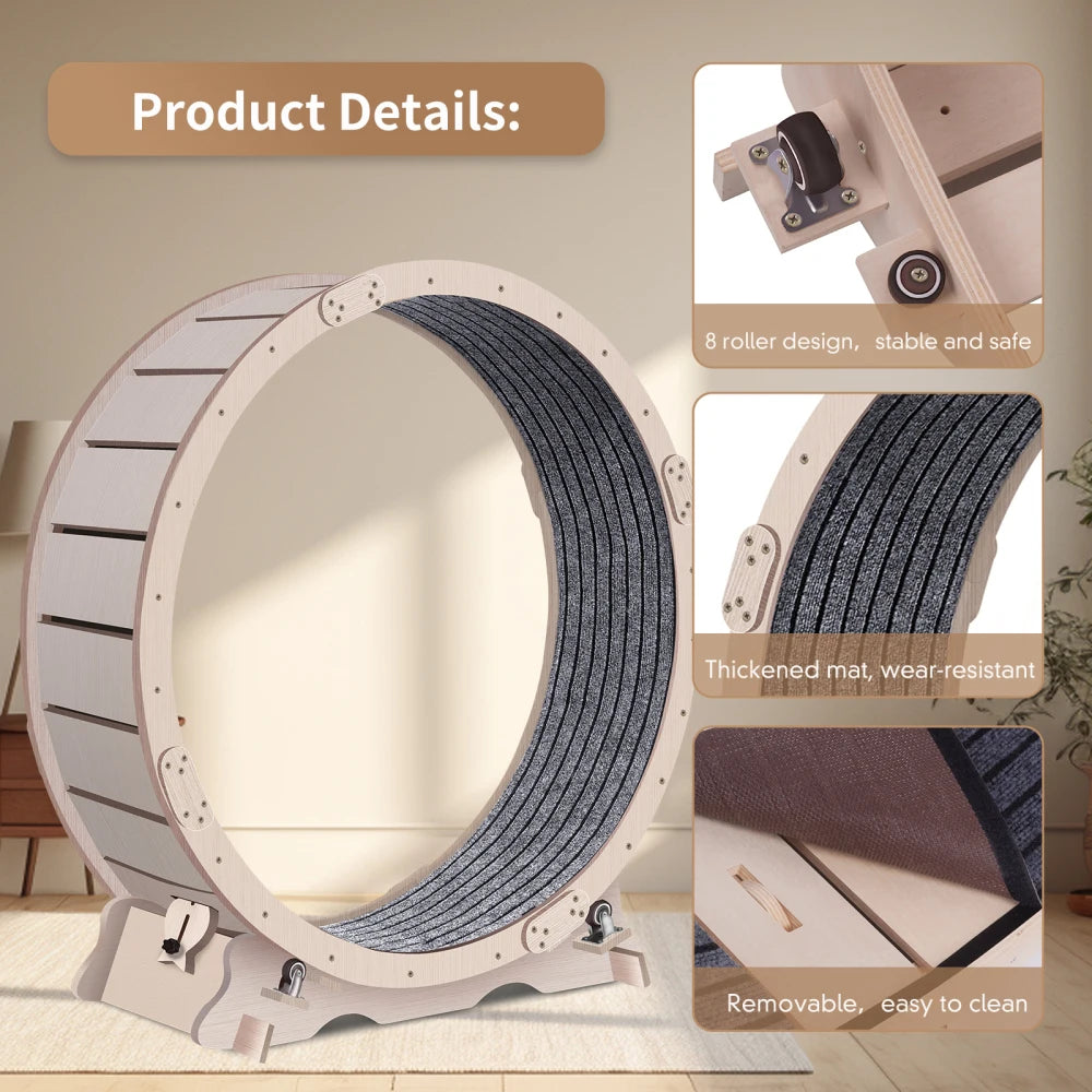 Cat Exercise Wheel For Indoor Cats, Cat Running Wheel With Carpeted Runway, 41" Natural Wood Color