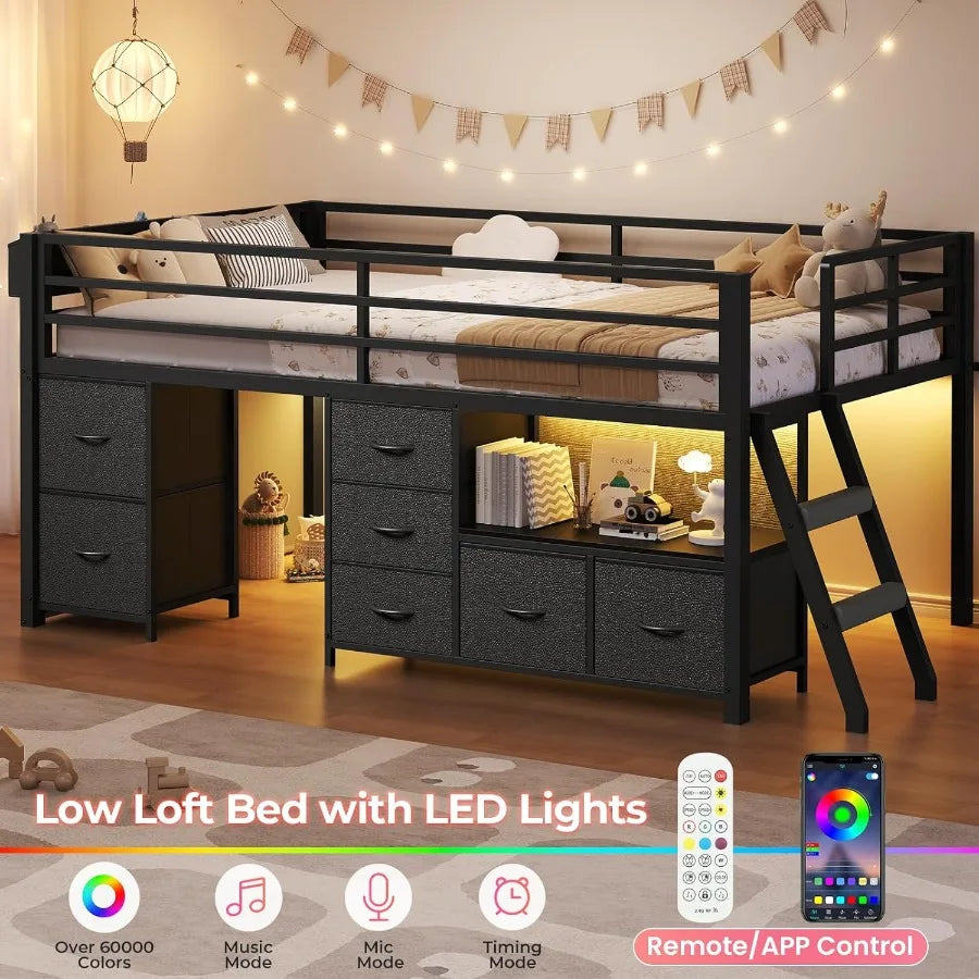 Low Loft Bed Twin Size with 7 Storage Drawers Bookcase and LED Lights Metal Loft Bed with 14 H Safety Guardrail Inclined Ladder