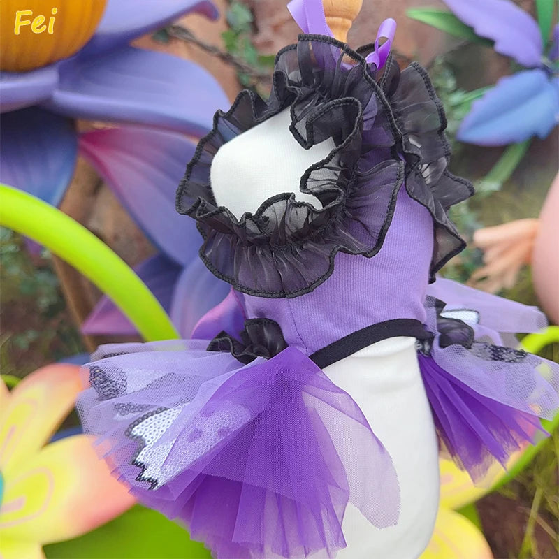 2025 Luxury Halloween Pet Dog Dress, Handmade Purple Ghost Bow Sling Princess Costume for Small Dog & Cat, Fashion Puppy Apparel