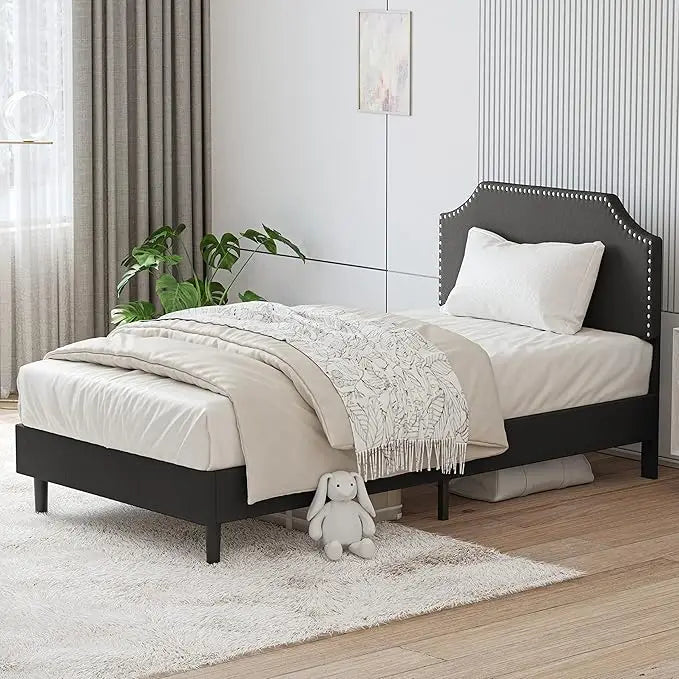 LIKIMIO Upholstered Platform Twin Bed Frame with Nailhead Trim Headboard, Height Adjustable, No Box Spring Needed, Noise-Free, G