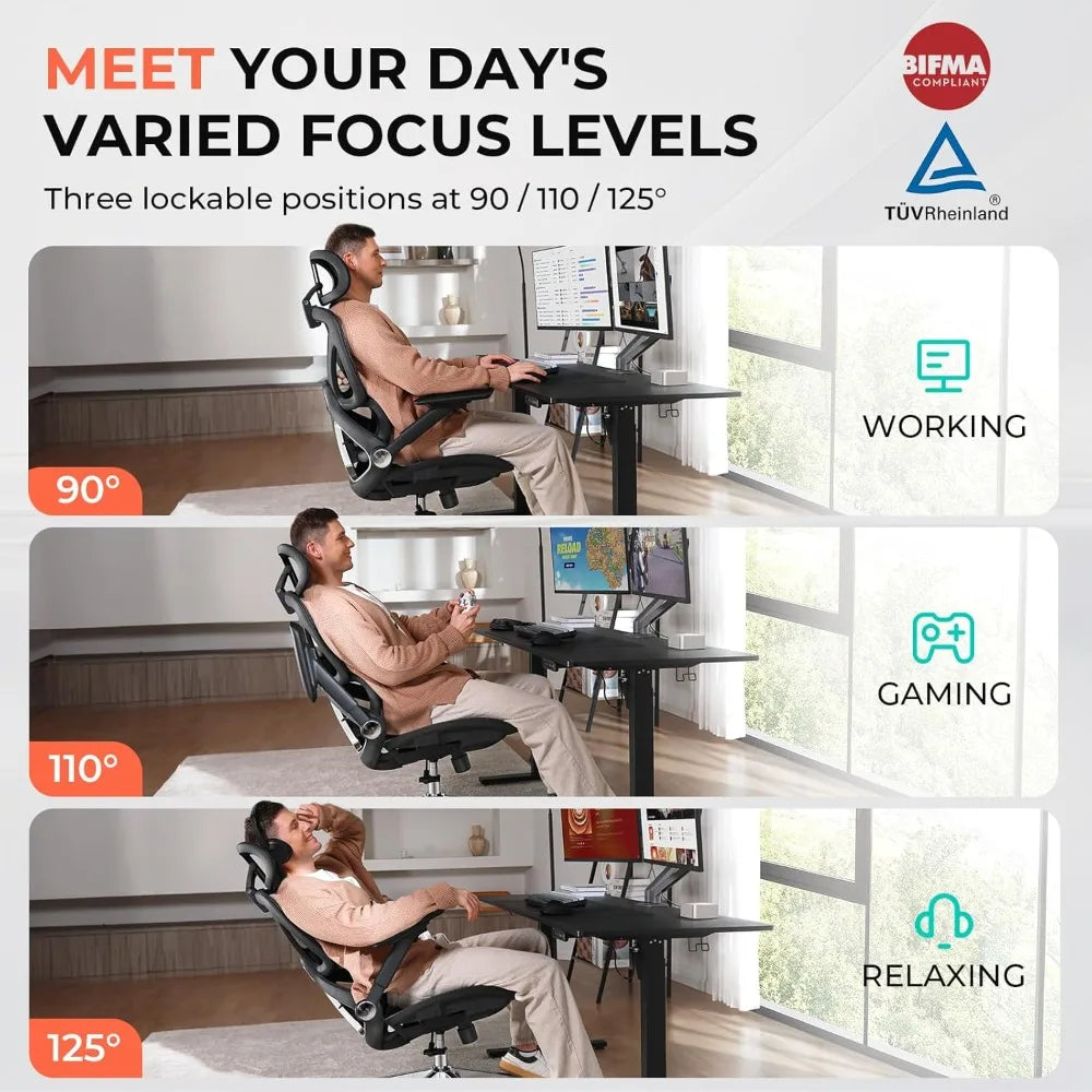 Ergonomischer Netz-Bürostuhl, verstellbarer Schreibtischstuhl mit hoher Rückenlehne und Lendenwirbelstütze (180 kg), 4D-Klapparme, 3-stufig neigbare Rückenlehne, 3D-Kopfstütze