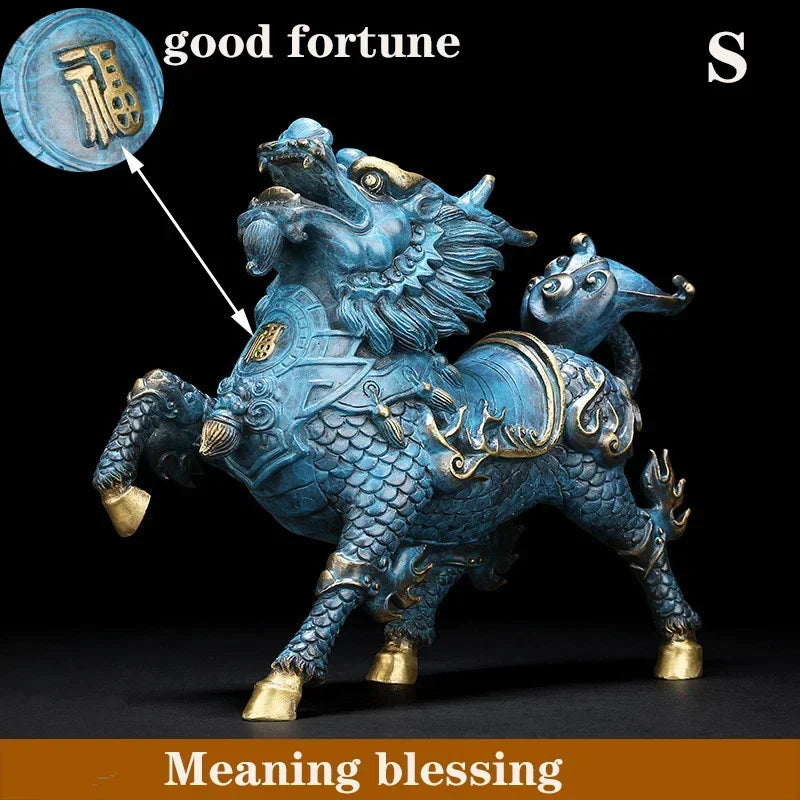 Feng Shui Copper Wind and Fire Kirin Statue Mascot Sculpture Brass Painted Home Decoration