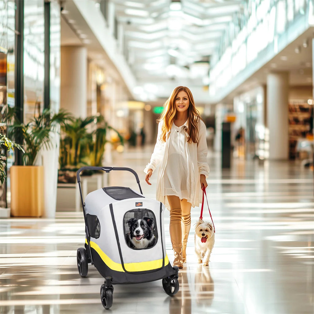 Foldable Dog Stroller with 4 Heavy Wheels Portable Universal Pet Travel Stroller for Small to Large Dogs, Rainproof Cover