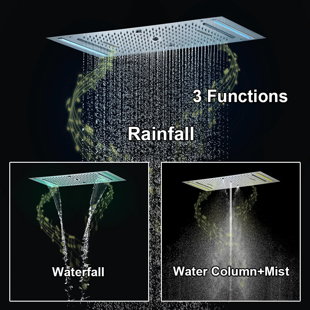 M Boenn 4 Functions Shower System Set Embedded Ceiling 638*338mm LED Shower Head Rainfall Bathroom Faucets Thermostatic Diverter