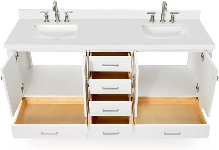Cambridge White Double Sink Bathroom Vanity 73" with 1.5" Edge Pure White Quartz Countertop & Splash, Rectangle Sink