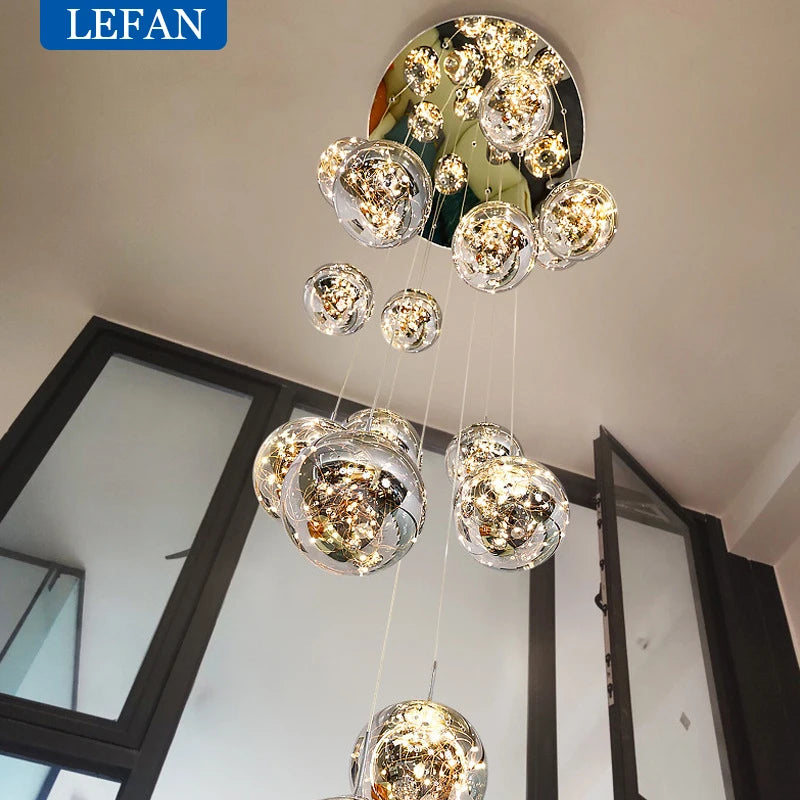 Modern LED Glass Ball Lampshade Ceiling Chandeliers Staircase Duplex Building Villa Loft Hollow Living Room Lights Pendant Lamp