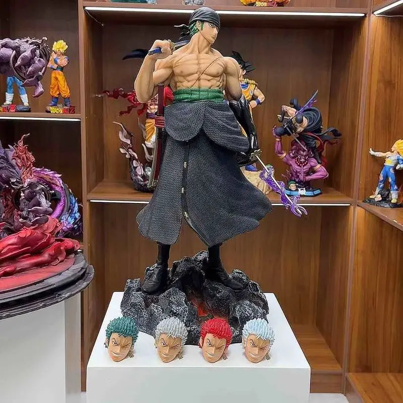 50 cm große One Piece Anime-Messerfigur Roronoa Zoro mit 5 austauschbaren Köpfen – Sammlerfigur, Modellfigur, Ornament, Geschenk für Erwachsene